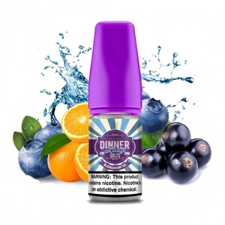 Dinner Lady Blackcurrant Ice Salt Likit 30ml şişesi ve meyve görselleri