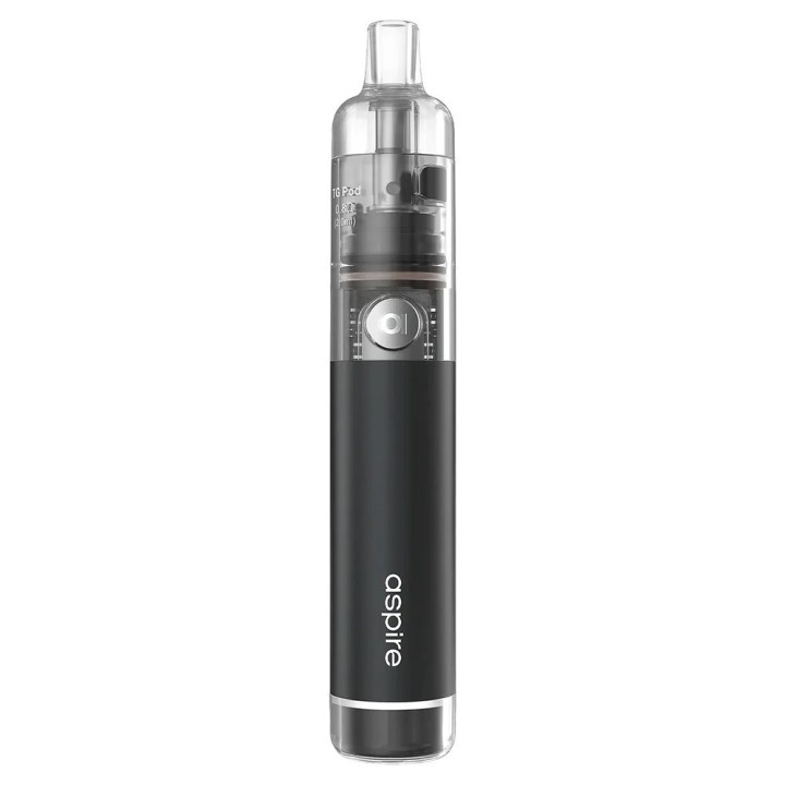 Aspire Cyber G Pod Mod Siyah, şeffaf tanklı, modern elektronik sigara.