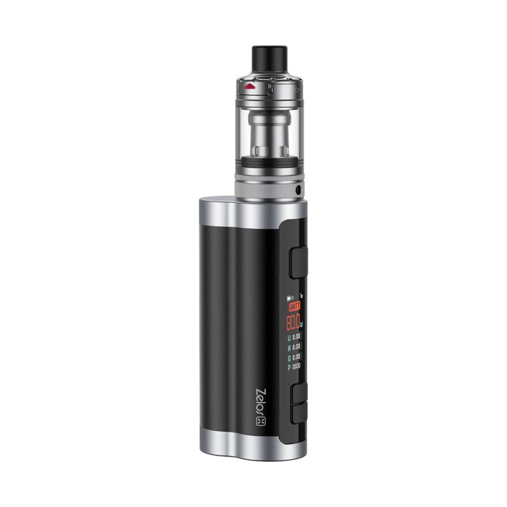 Aspire Zelos X Kit Pod Mod siyah/gümüş renkli, dijital ekranlı elektronik sigara.