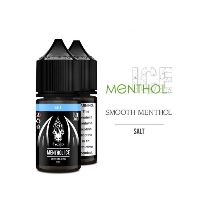 Halo Menthol Ice Salt Likit 50MG, siyah şişede soğuk mentol aroması.