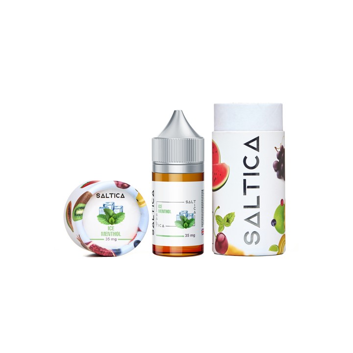 Saltica Ice Menthol Salt Likit 35mg şişe ve kutu ambalajı