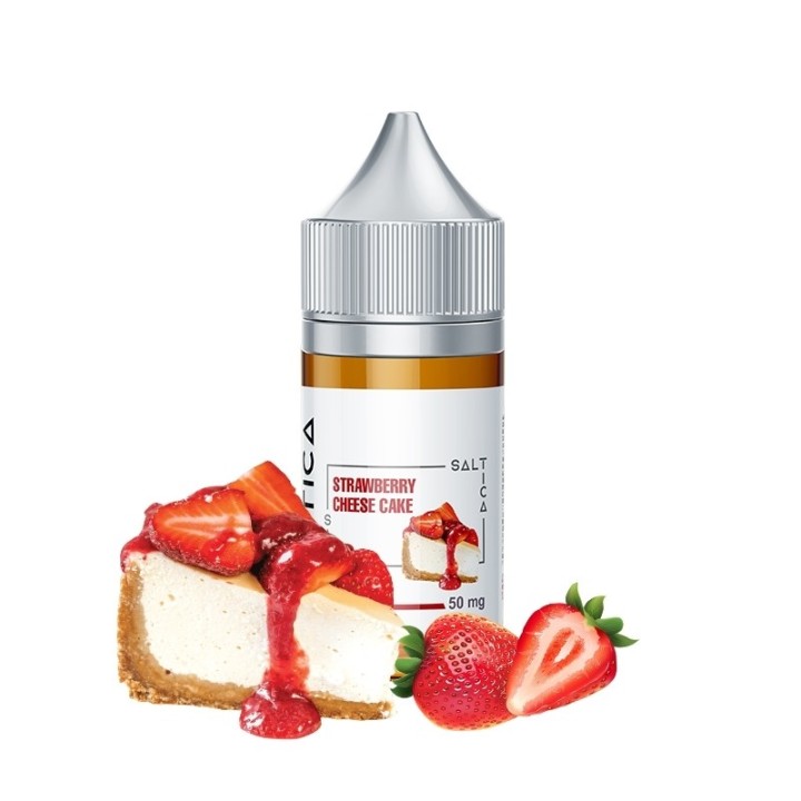 Saltica Strawberry Cheese Cake Salt Likit 50 mg şişe ve çilekli cheesecake dilimi.