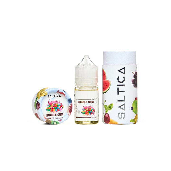Saltica Bubble Gum Salt Likit 50 mg elektronik sigara likiti şişesi ve kutusu.