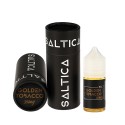 Saltica Golden Tobacco Salt Likit 35mg şişe ve siyah ambalaj kutusu.