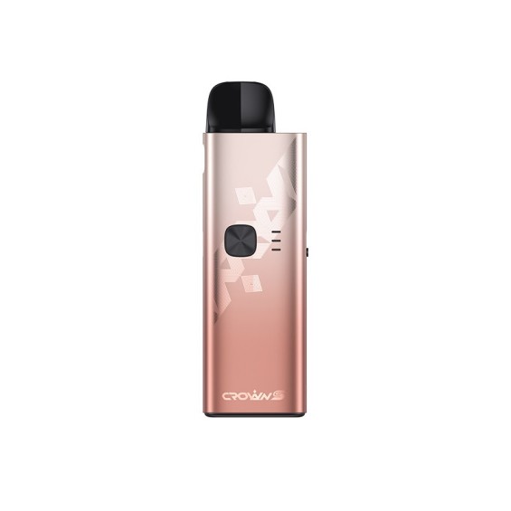 Uwell Crown S Pod Mod pembe altın renkli, desenli gövde ve siyah ağızlık.