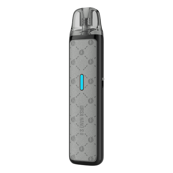 Lost Vape Ursa Nano S2 Pod Mod gri renkli, desenli gövde ve mavi ışıklı gösterge.