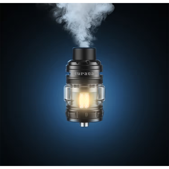 Aspire Huracan EX Pod Mod Tank, siyah, buharlı, alevli coil görünümü.
