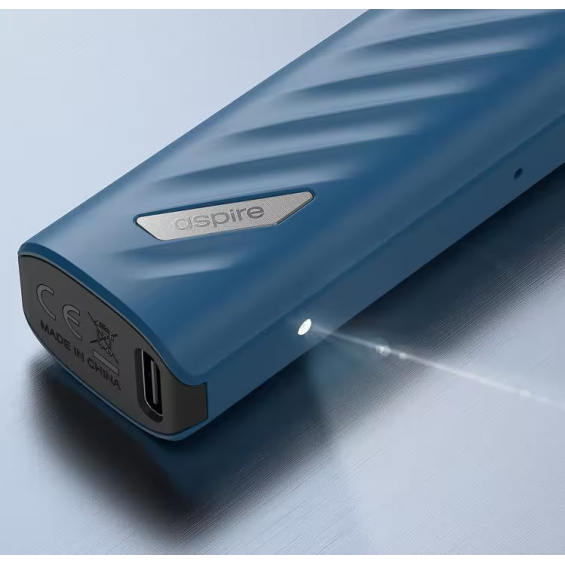 Aspire Vilter Fun Pod Mod mavi, dalgalı gövde detayı ve USB-C girişi.