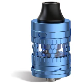 Mavi Aspire Atlantis GT Kartuş, petek desenli metal gövdeli ve siyah drip tip.