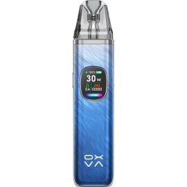 OXVA Xlim Pro 30W Pod Mod mavi ahşap desenli, ekranlı elektronik sigara.