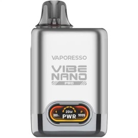 Vaporesso Vibe Nano Pro Pod Mod gümüş renkli, dijital ekranlı elektronik sigara.
