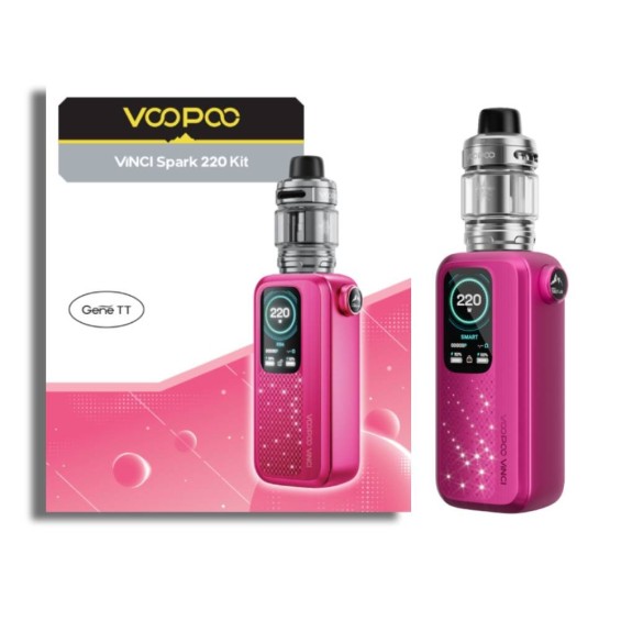Voopoo Vinci Spark 220 Pod Mod pembe renkli, parlak ekranlı elektronik sigara kiti.