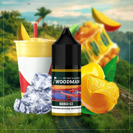 Woodman Mango Ice Salt Likit şişesi, buz ve taze mango dilimleri.