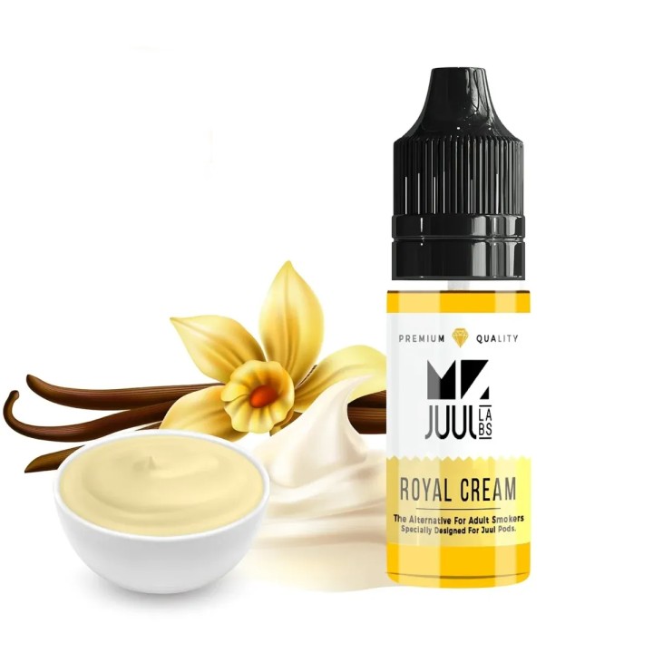 Mr. Juul Royal Cream Salt Likit vanilya aromalı, sarı etiketli e-likit şişesi.