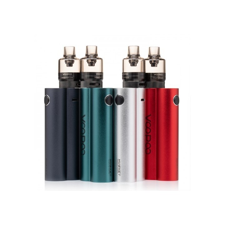 Voopoo Musket Pod Mod seti, farklı renklerde (kırmızı, gümüş, yeşil, lacivert) ve PnP tanklı.
